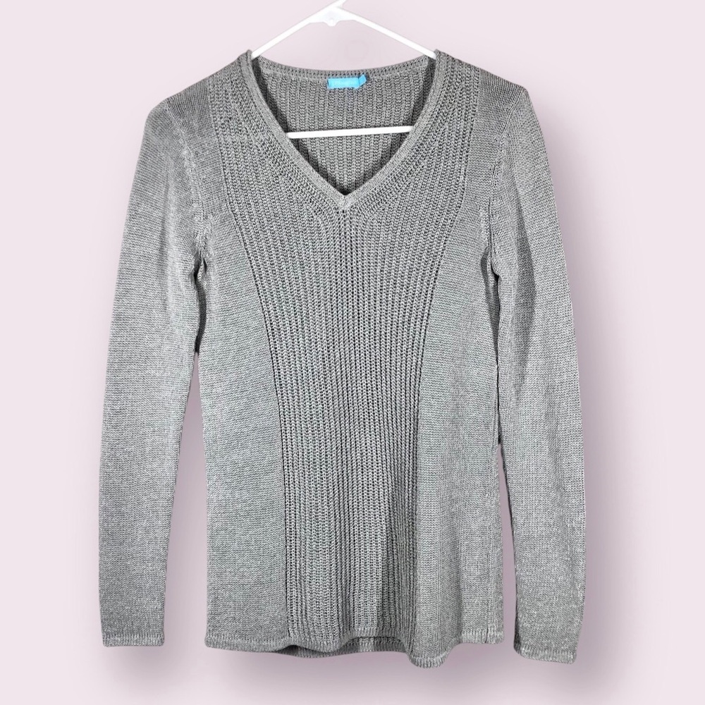 J. McLaughlin Donovan Sweater Size XS Pearl Gray V-Neck Long Sleeve Open Knit
